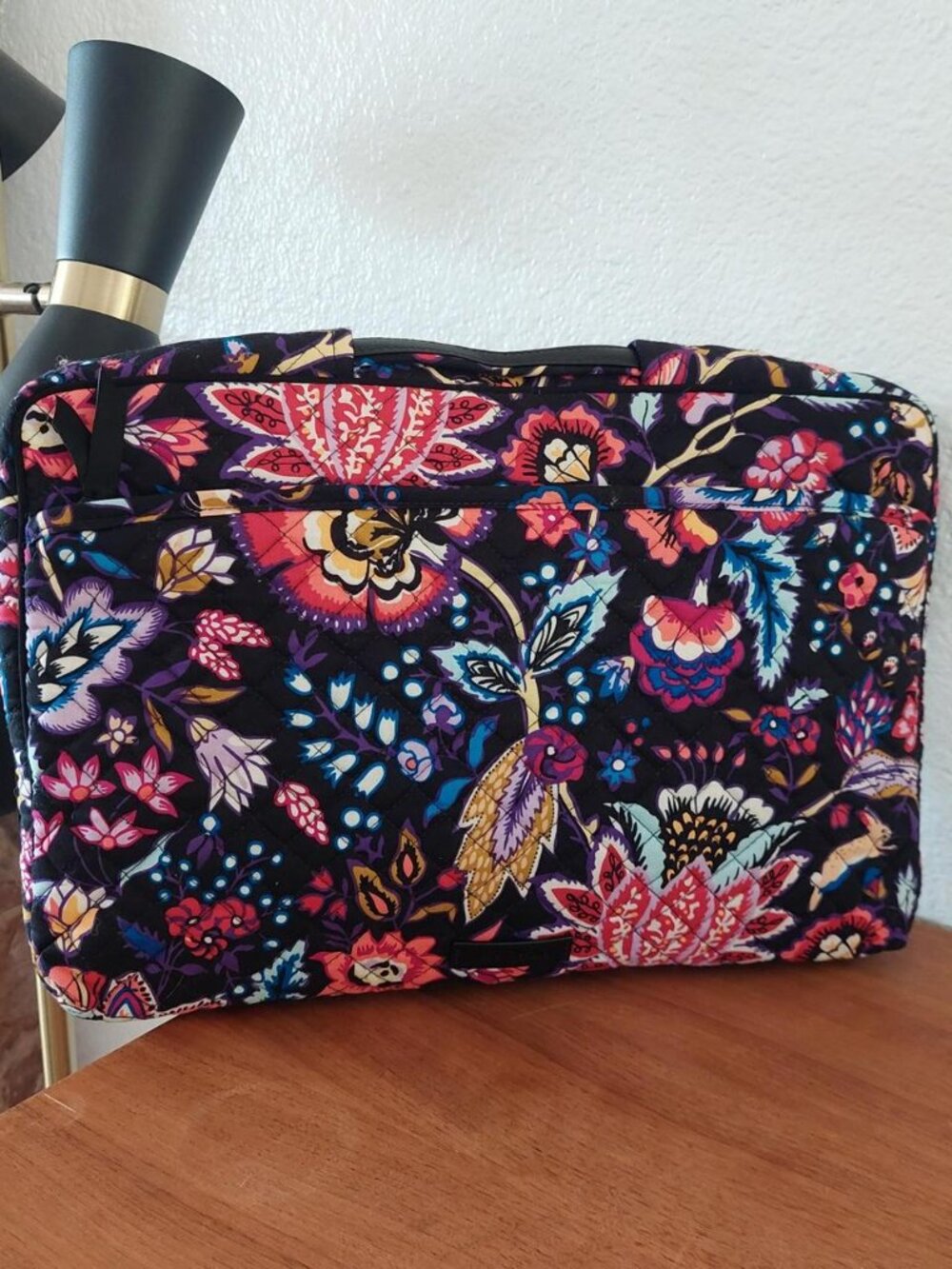 Vera Bradley Quilted Cotton Laptop Case Sleeve Foxwood Floral Pattern Black
